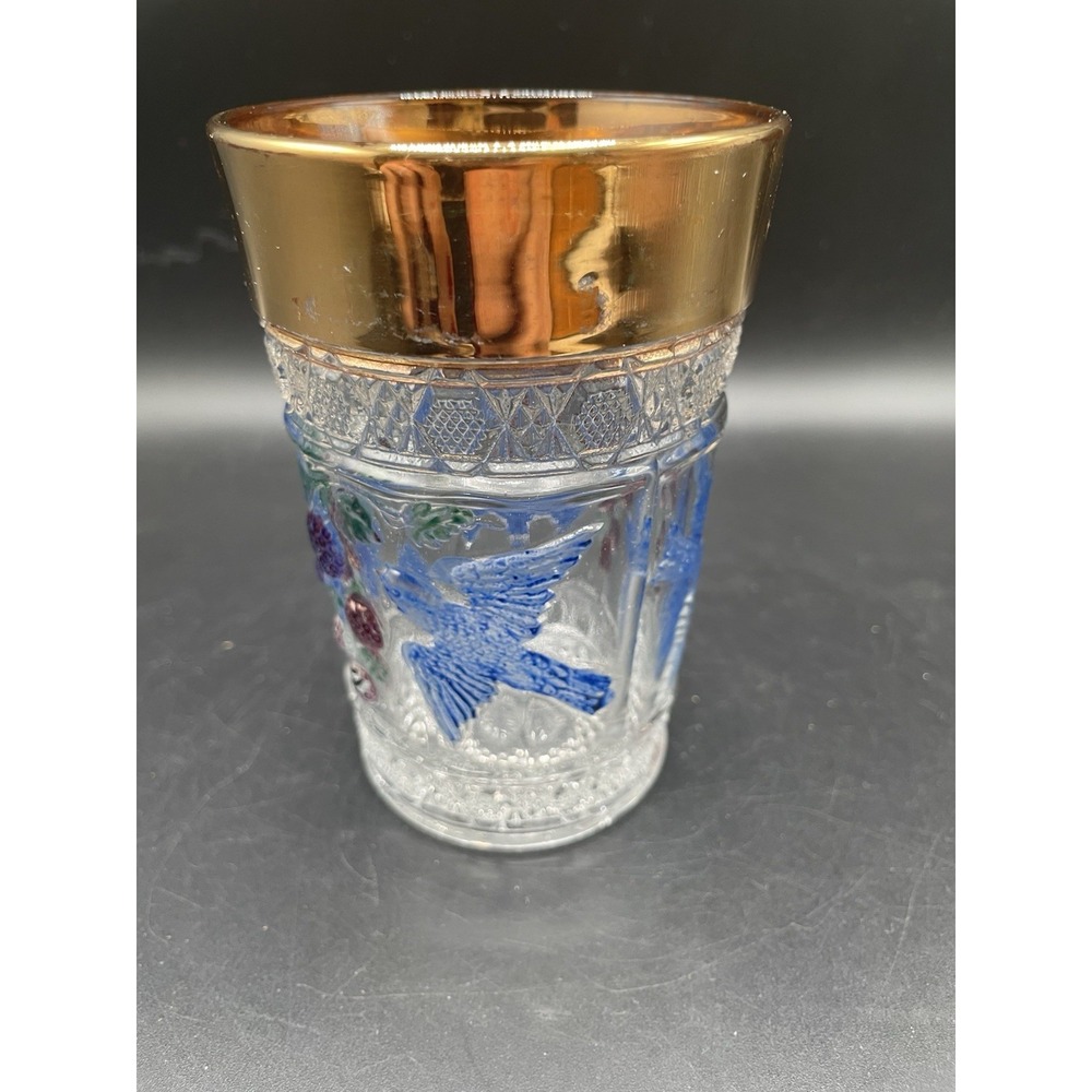 EAPG INDIANA BIRD & STRAWBERRY ENAMEL DECORATED CRYSTAL GLASS TUMBLER COLORFUL